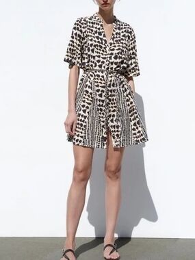 Zara Black and Cream Printed V-Neck Mini Dress